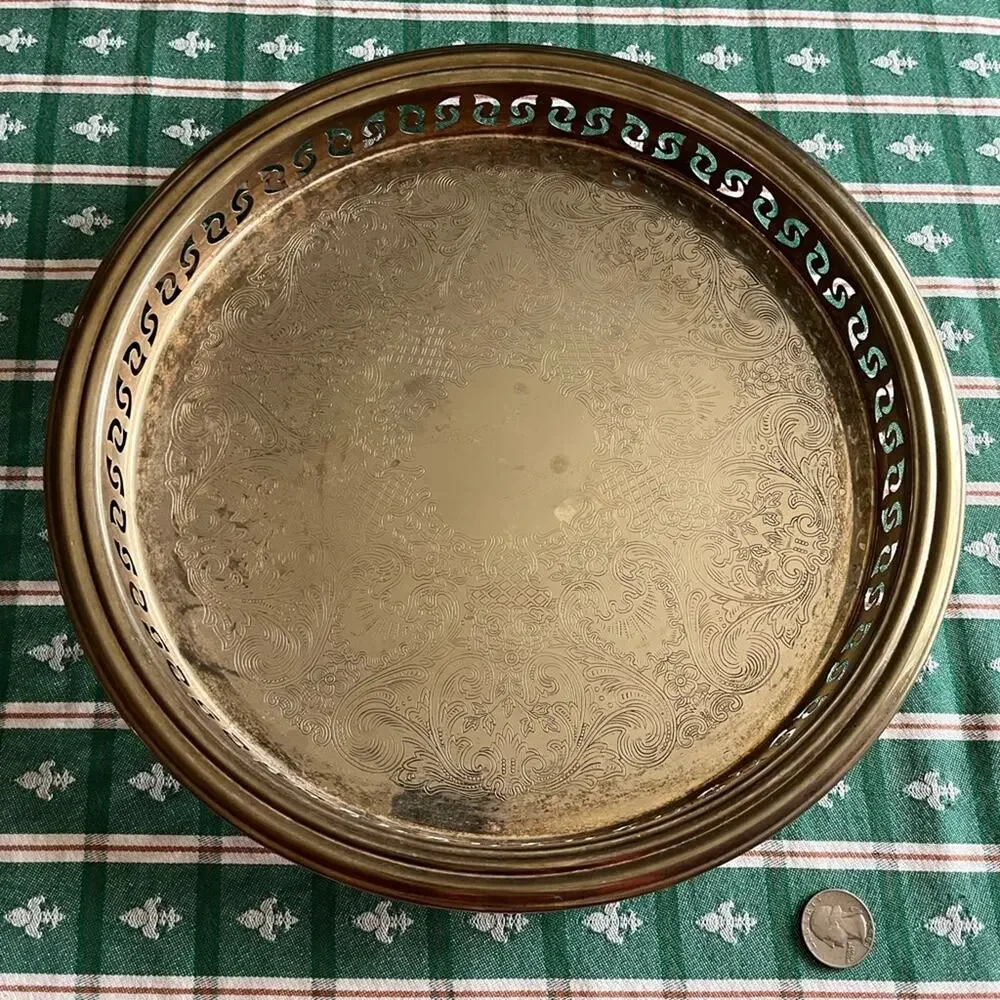 Silver Plate on Copper Round Tray Filigree and Etched Decoration 12.5” Diameter